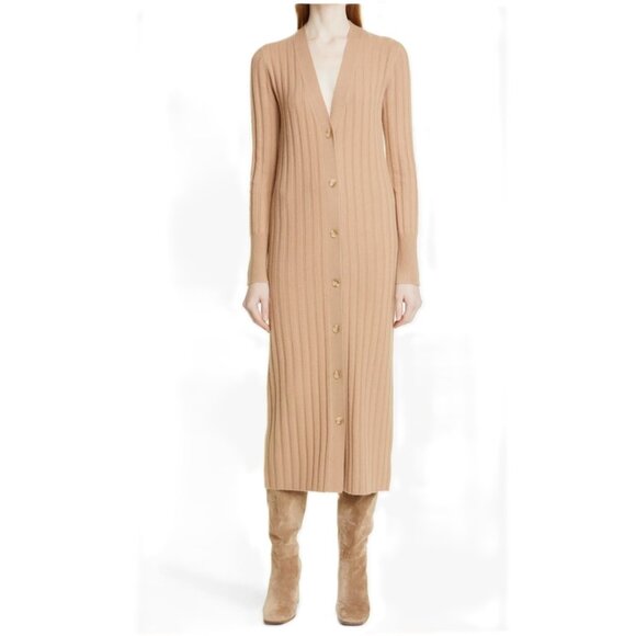 NORDSTROM SIGNATURE Cashmere Blend Cardigan Camel Ribbed Long Size XS - Picture 1 of 12